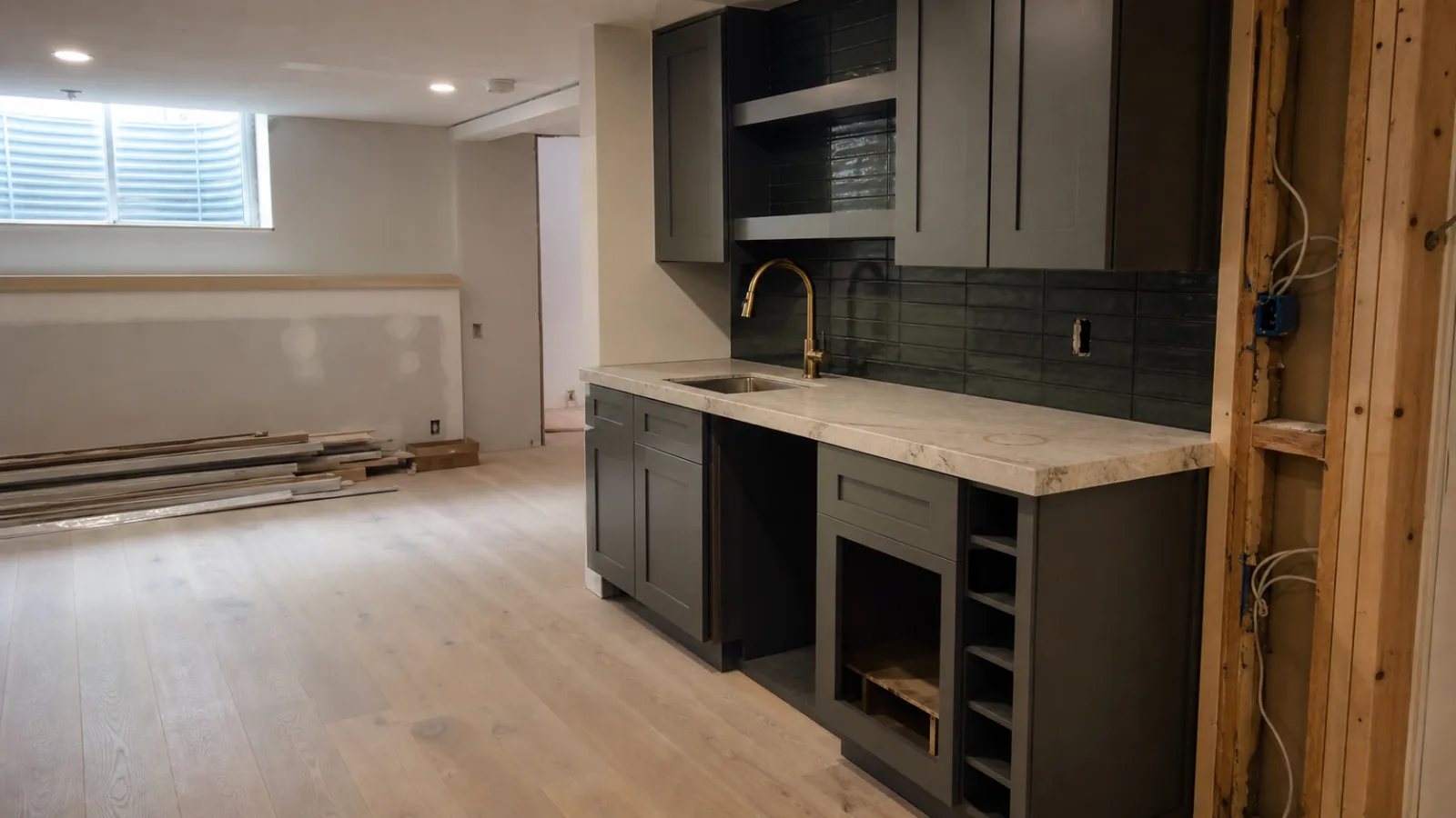 Finished basement in a 1968 Cherry Hills Village ranch home with shaker millwork wet bar and white oak flooring