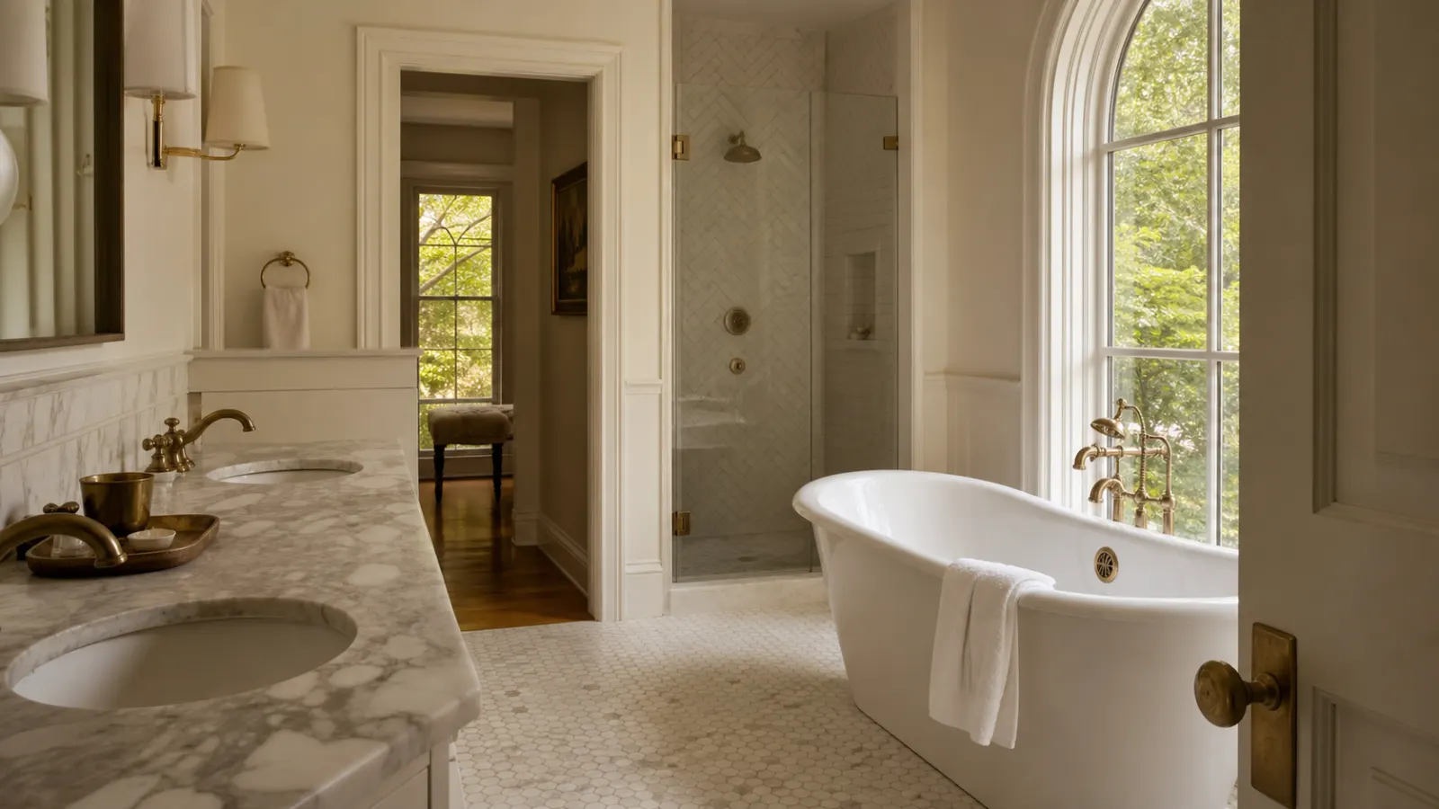 Bathroom interior in a Highland Park, Texas home with honed marble, brass fixtures, and morning natural light