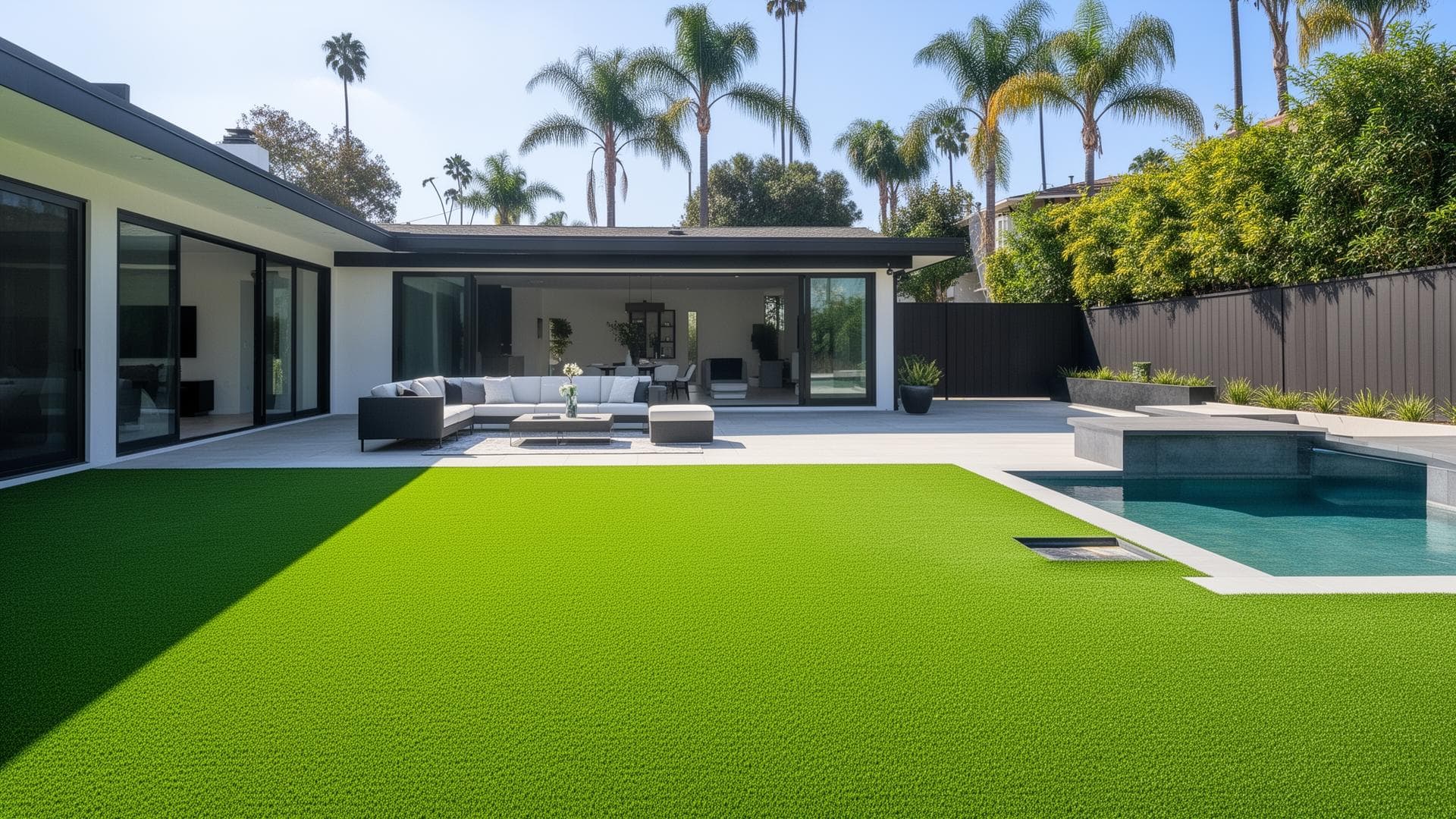 Lush green artificial turf installed in a San Diego backyard with a stone border and patio furniture
