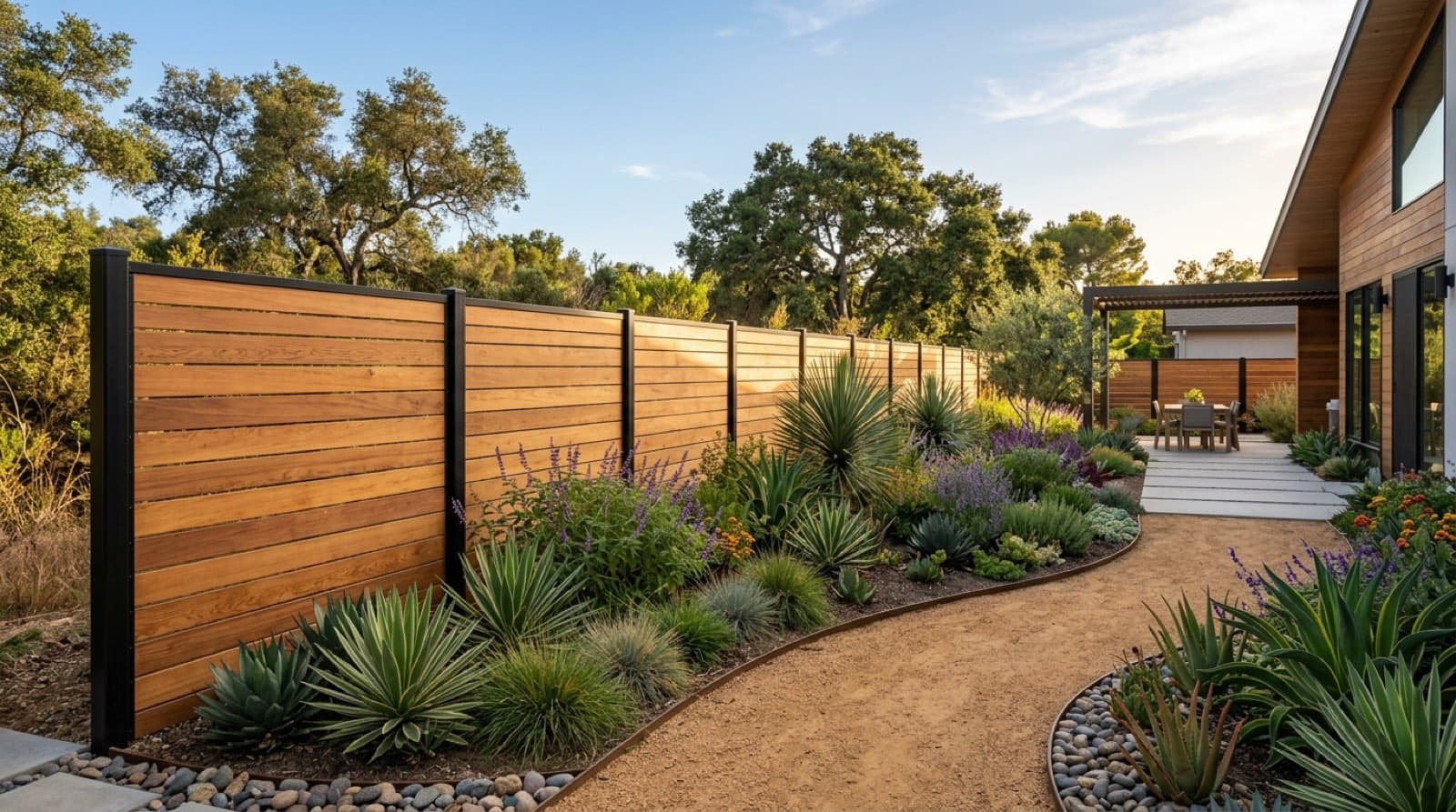 Horizontal cedar privacy fence along a California backyard with drought-tolerant planting
