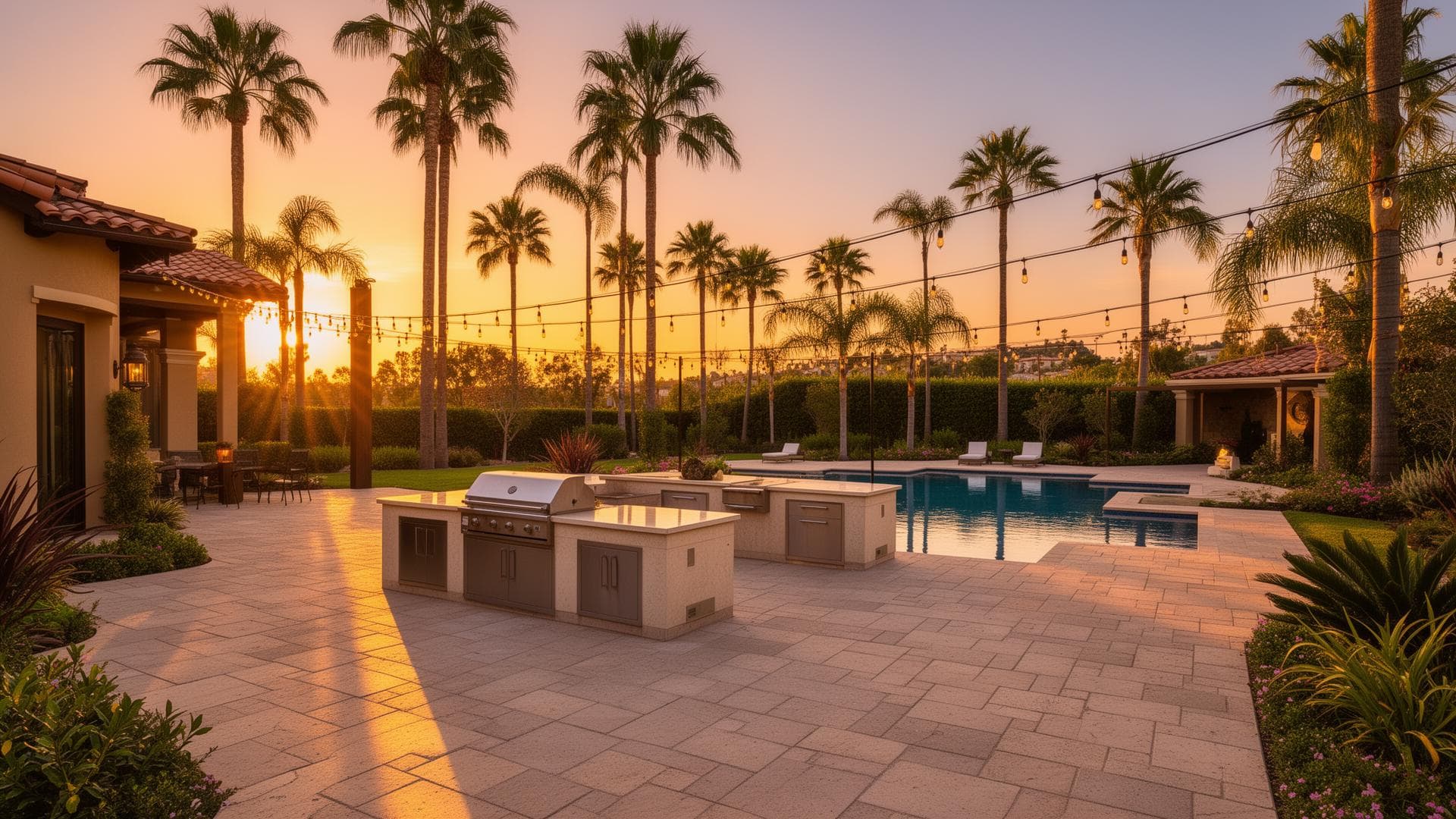 Beautiful California outdoor living space at golden hour