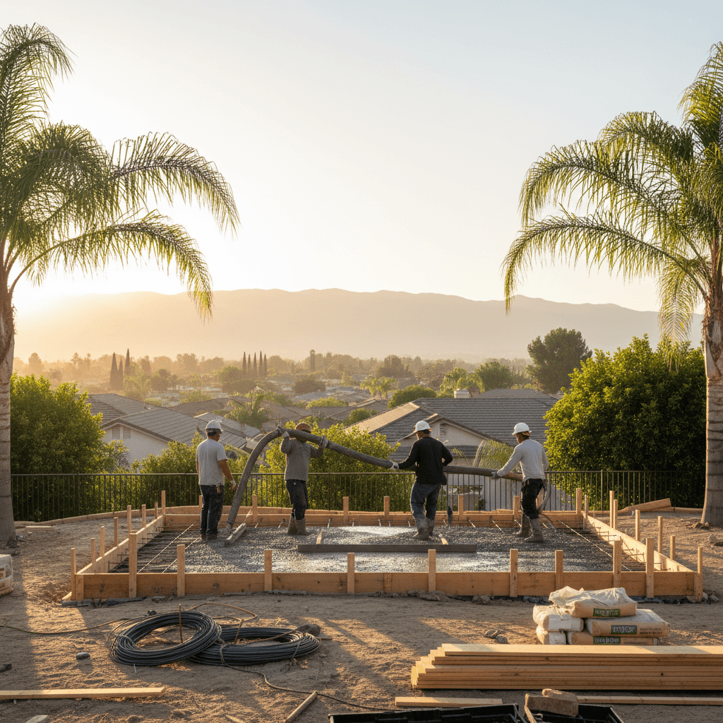 Contractors pouring concrete for an ADU foundation in a Fontana backyard, illustrating the ADU Permit and HOA Guide for Fontana.