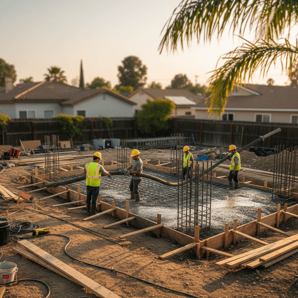 Construction workers pouring a concrete foundation for an ADU in a Pomona backyard, illustrating the initial stages of obtaining an ADU permit and navigating HOA regulations.