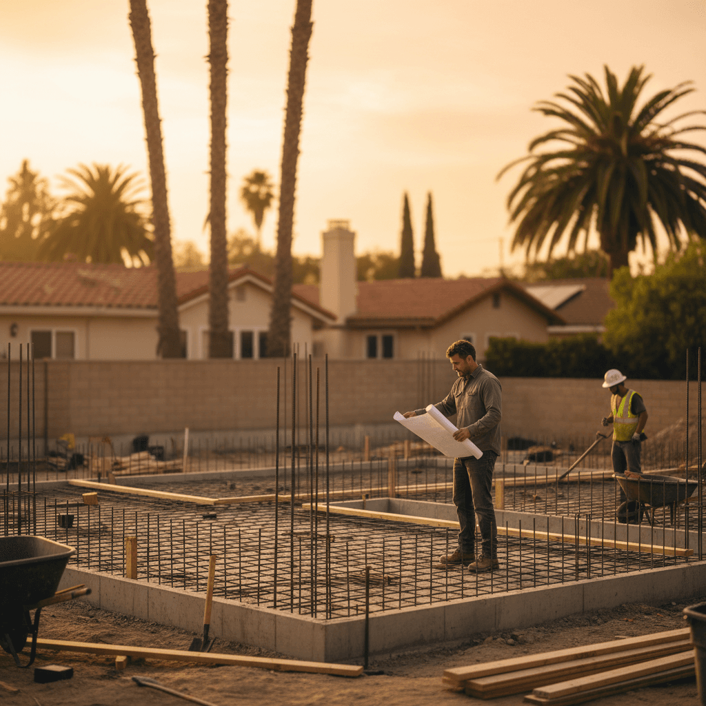 A contractor oversees the construction of an ADU foundation in a sunny Burbank backyard, illustrating the ADU Permit and HOA Guide for Burbank.