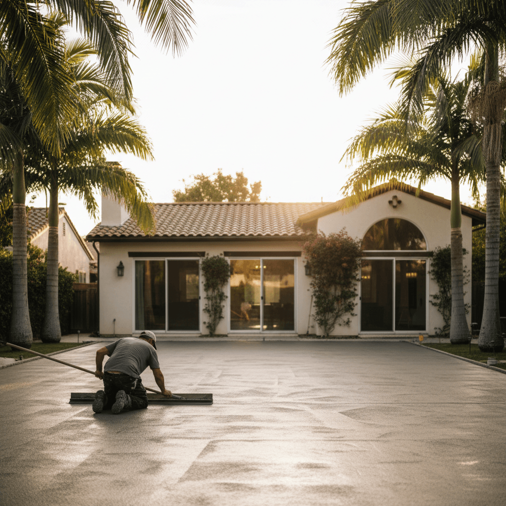 A contractor applies a fresh concrete resurfacing layer to a Northridge patio, illustrating typical concrete resurfacing cost considerations in 2026. The scene captures the physica