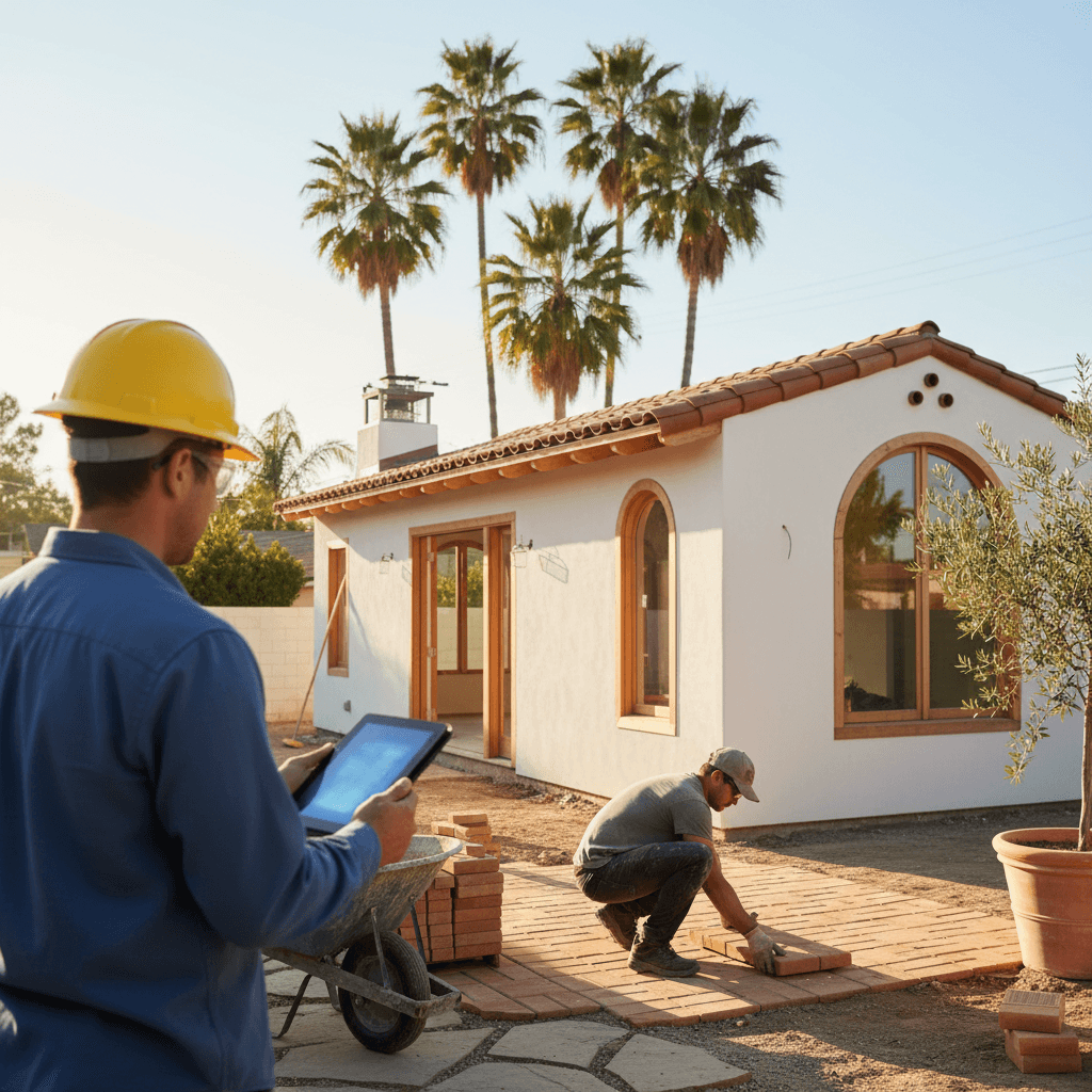Culver City ADU under construction, showing a contractor reviewing plans and workers installing hardscape, illustrating the ADU Permit and HOA Guide for Culver City.