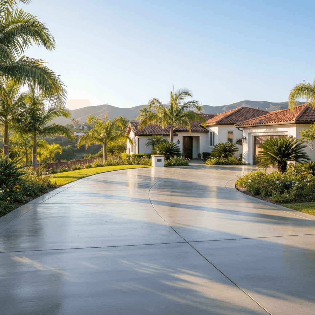A new concrete driveway curing in front of a modern Chino Hills home, showcasing the potential for Driveway Replacement ROI and Home Value Impact in Chino Hills.