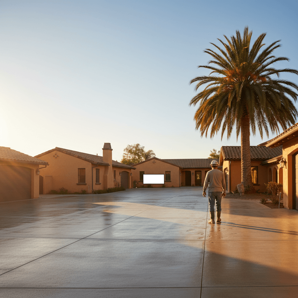 A freshly poured concrete driveway in Santa Monica, bathed in warm afternoon light, showcasing the potential for high driveway replacement ROI and home value impact.