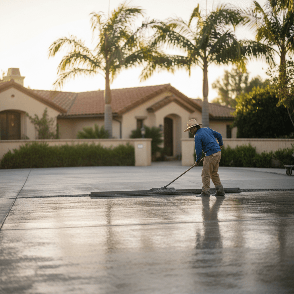 A newly poured concrete driveway in Torrance, California, reflecting warm afternoon light, illustrating Driveway Replacement ROI and Home Value Impact in Torrance.