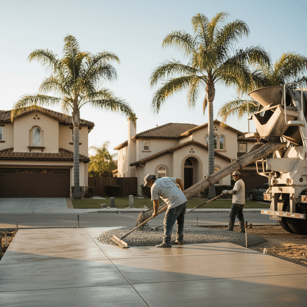 A new concrete driveway is poured at a West Covina home, illustrating driveway replacement ROI and home value impact in West Covina.
