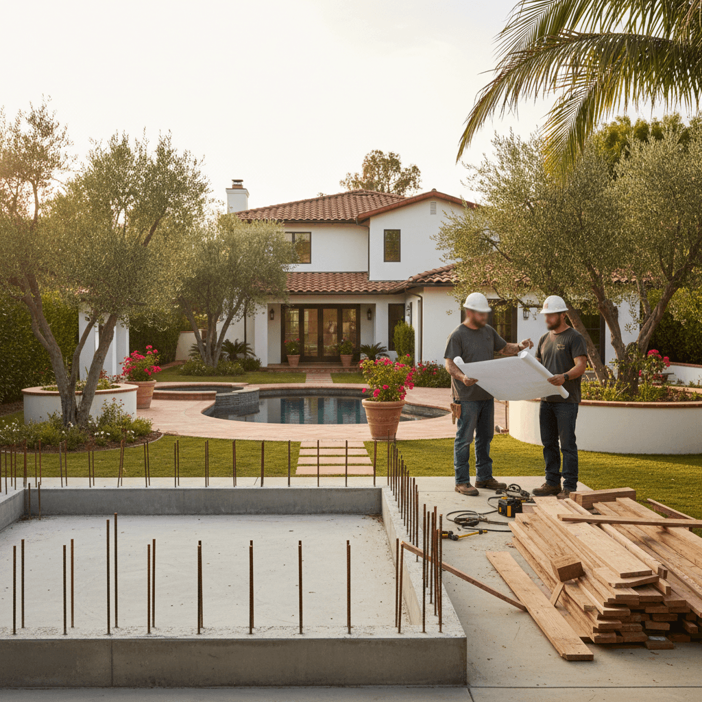 A wide shot of an ADU foundation being built in an Encino backyard, illustrating the ADU Permit and HOA Guide for Encino.