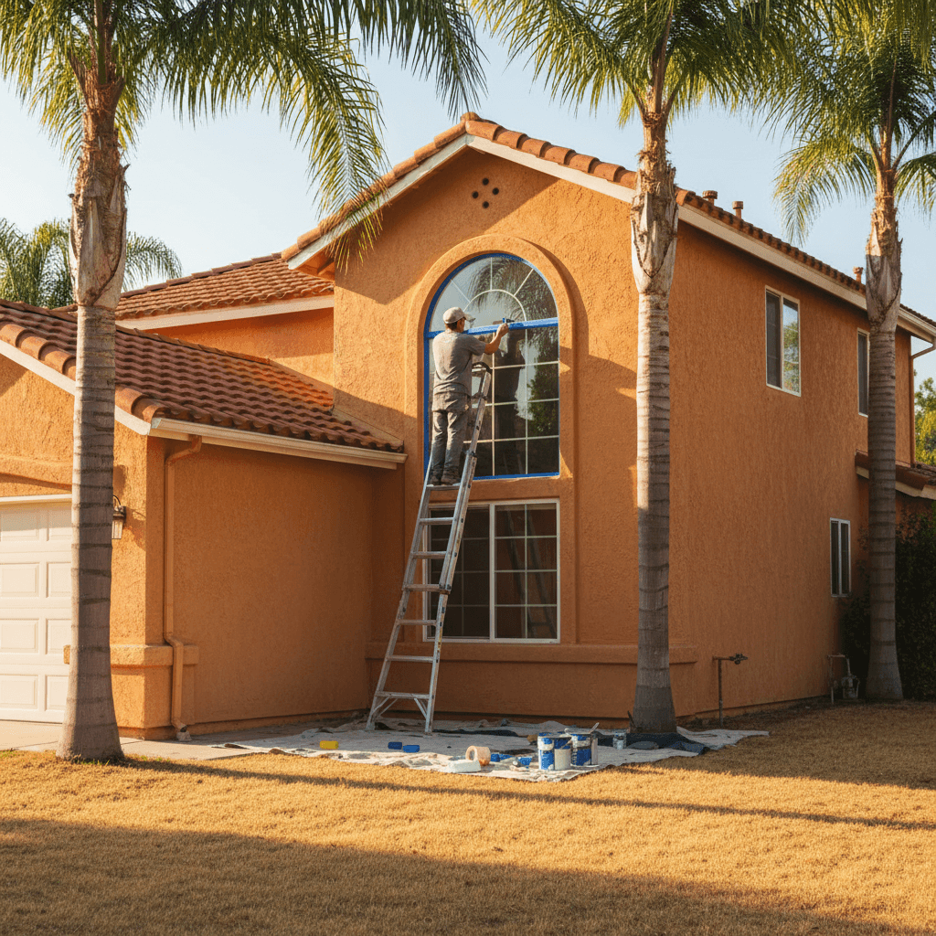 A West Covina home's exterior being prepped for painting, showcasing the meticulous work involved in exterior painting and climate considerations in West Covina.