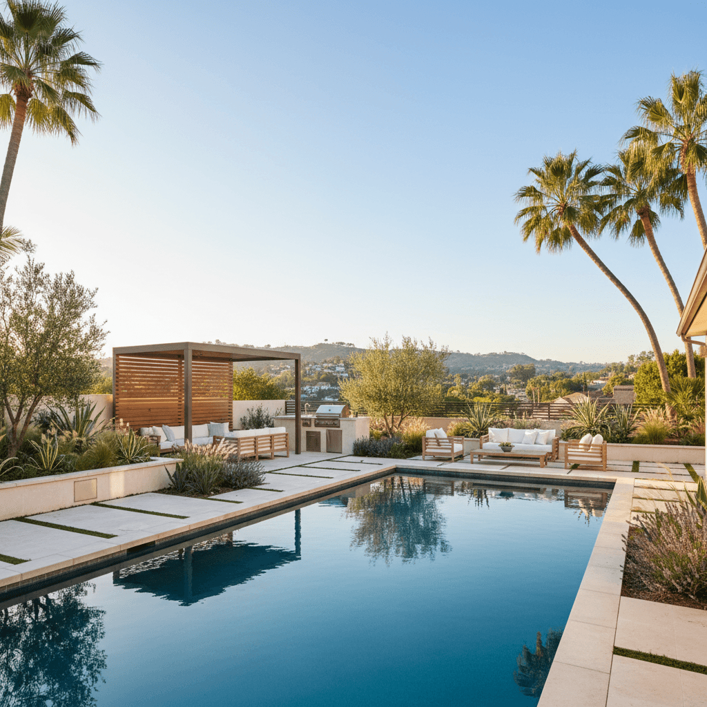 A stunning before and after backyard landscaping transformation in Glendale, featuring a new pool and Mediterranean-style hardscaping under warm California sun, inspiring backyard