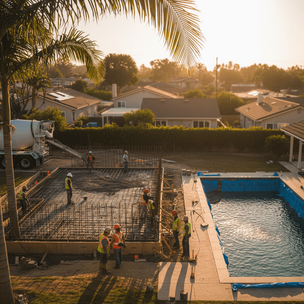 Long Beach ADU construction in progress, with a new concrete foundation being poured in a sunny backyard, illustrating ADU permit and HOA guide for Long Beach homeowners.