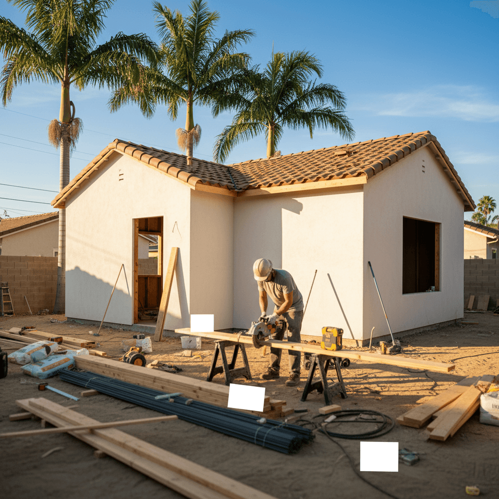 Construction worker cutting wood for an ADU in Orange, CA, illustrating the ADU Permit and HOA Guide for Orange.