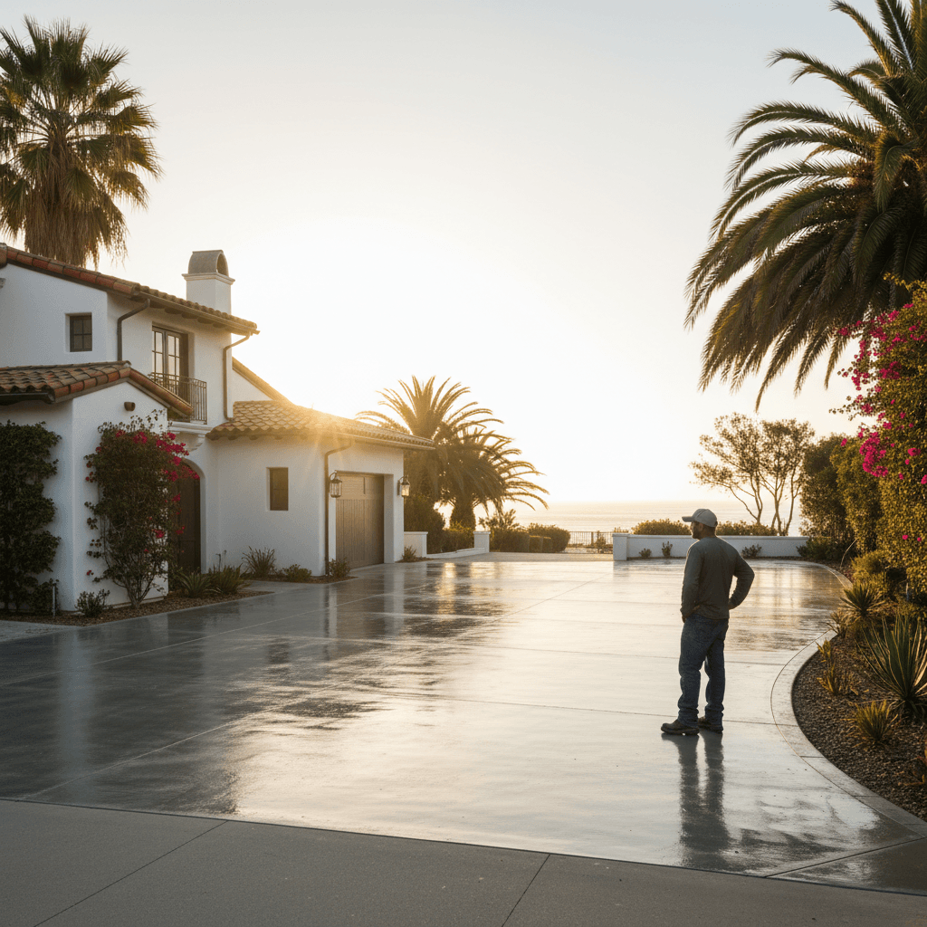 A freshly poured concrete driveway at a Redondo Beach home, showcasing the potential for Driveway Replacement ROI and Home Value Impact. The smooth, wet surface reflects warm after