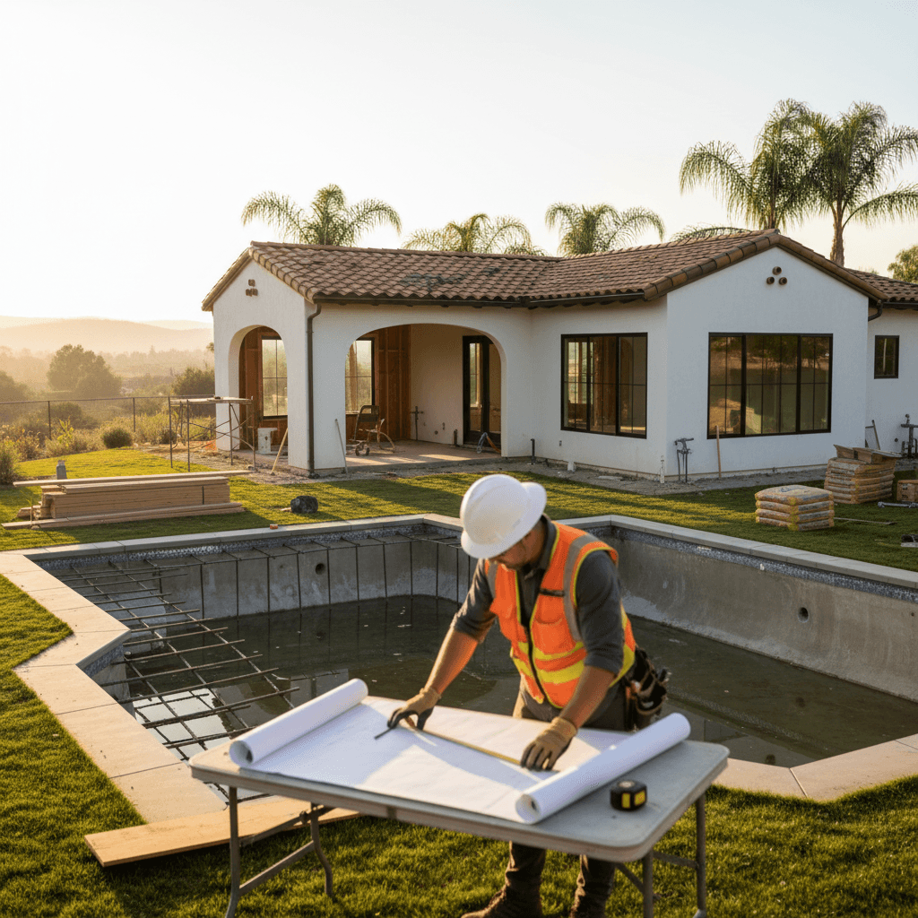 A modern ADU under construction in a Riverside backyard, showcasing the ADU Permit and HOA Guide for Riverside. The scene features warm California afternoon light, a partially buil