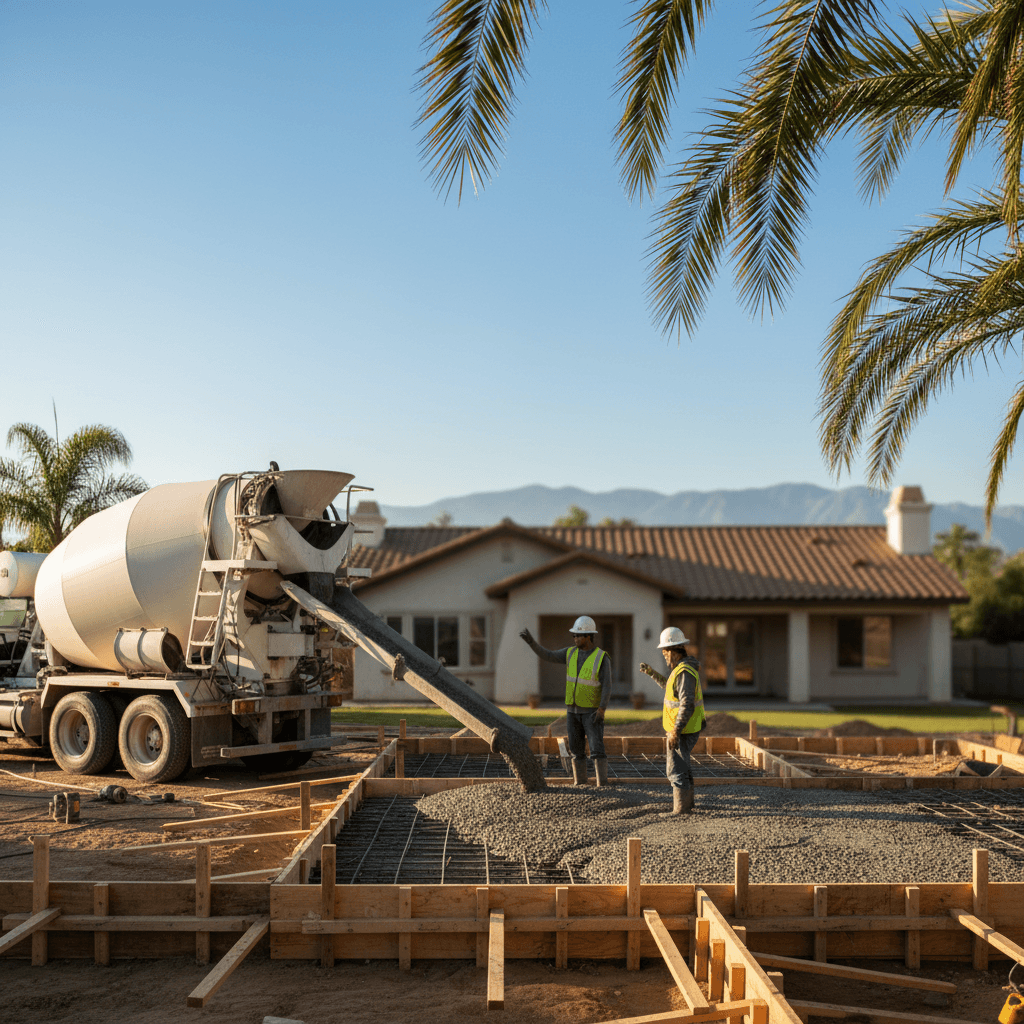 A wide shot of a room addition foundation being poured in a Riverside backyard, illustrating the permit process for new construction.