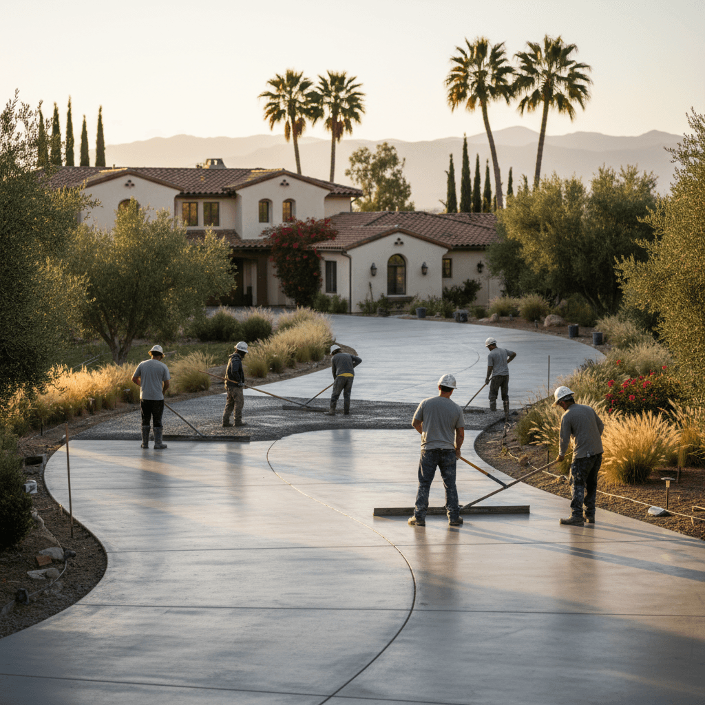 A newly poured concrete driveway at a San Bernardino home, highlighting the Driveway Replacement ROI and Home Value Impact in San Bernardino. Contractors are smoothing the surface