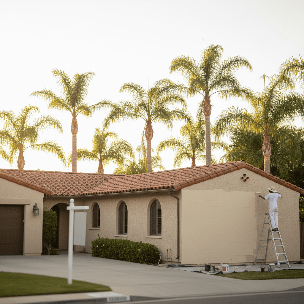 A professional painter applies a fresh coat of paint to a San Bernardino home, highlighting exterior painting and climate considerations in San Bernardino.