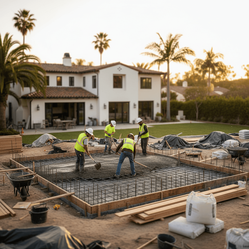A wide landscape view of a Santa Monica home's backyard under construction, showing contractors pouring concrete for a new patio. This scene illustrates the physical work involved