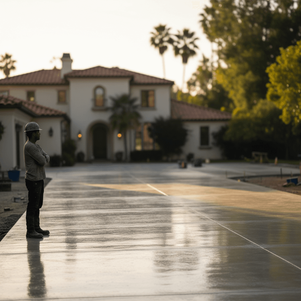 A freshly poured concrete driveway in Sherman Oaks, reflecting warm afternoon light, showcasing the potential home value impact and ROI of driveway replacement.