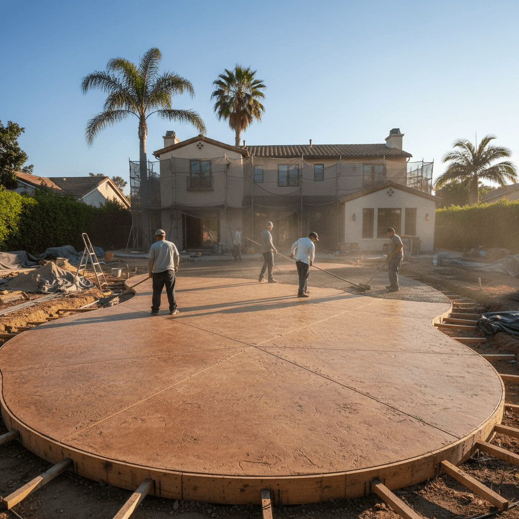 A wide shot of a Studio City backyard showing contractors installing stamped concrete, illustrating the Stamped Concrete Cost Guide in Studio City (2026).