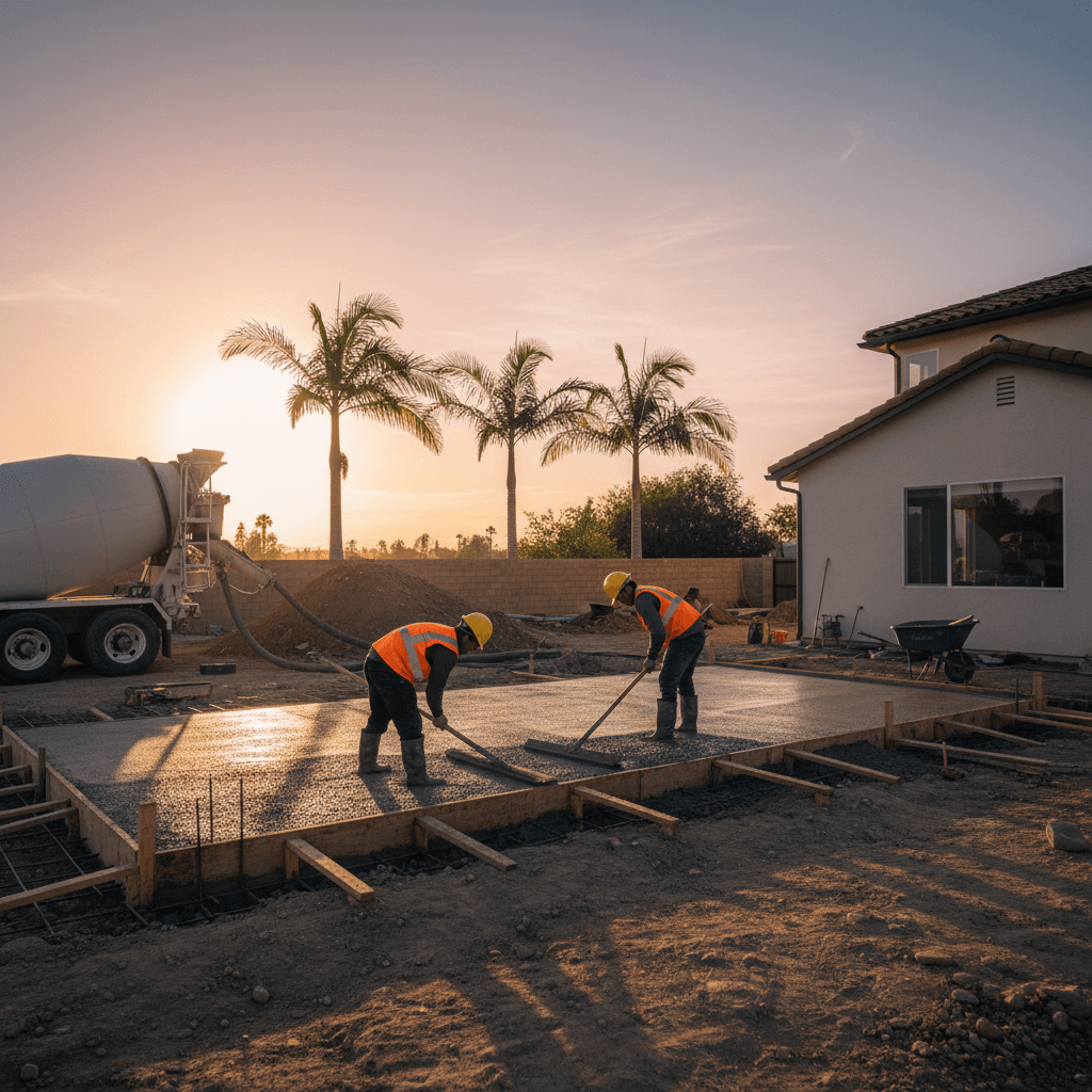 A wide shot of a West Covina backyard with contractors pouring a concrete slab for a new room addition, illustrating the Room Addition Permit and HOA Guide for West Covina. Warm Ca