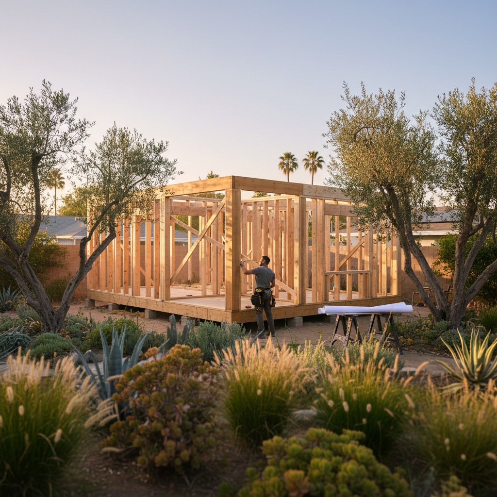 ADU construction in Los Angeles: A carpenter works on a modern accessory dwelling unit with integrated outdoor living.