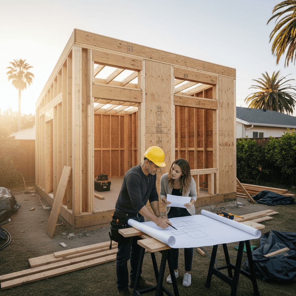 ADU construction in Los Angeles backyard with contractor and homeowner discussing plans, illustrating ADU costs and permits.