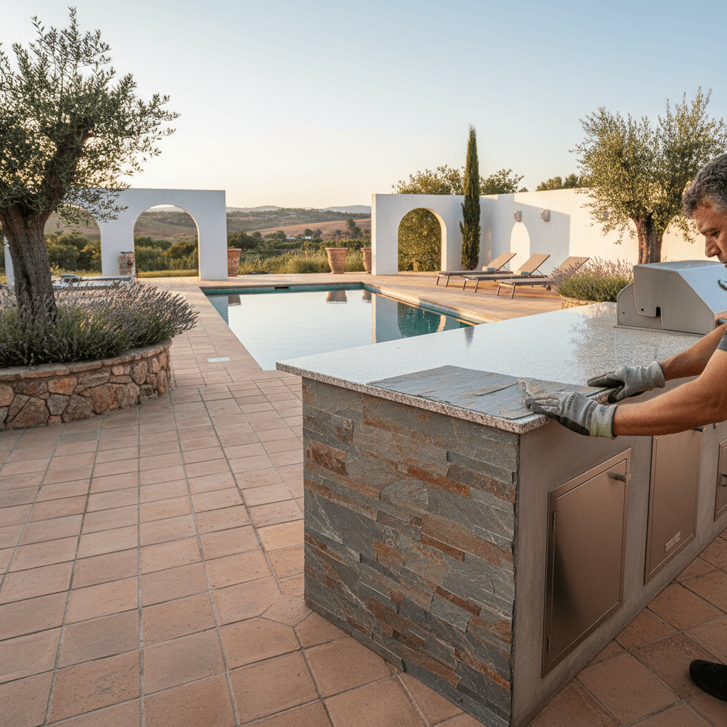 Artisan's hands installing natural stone veneer on an outdoor kitchen island, highlighting durable materials for Golden Yards.