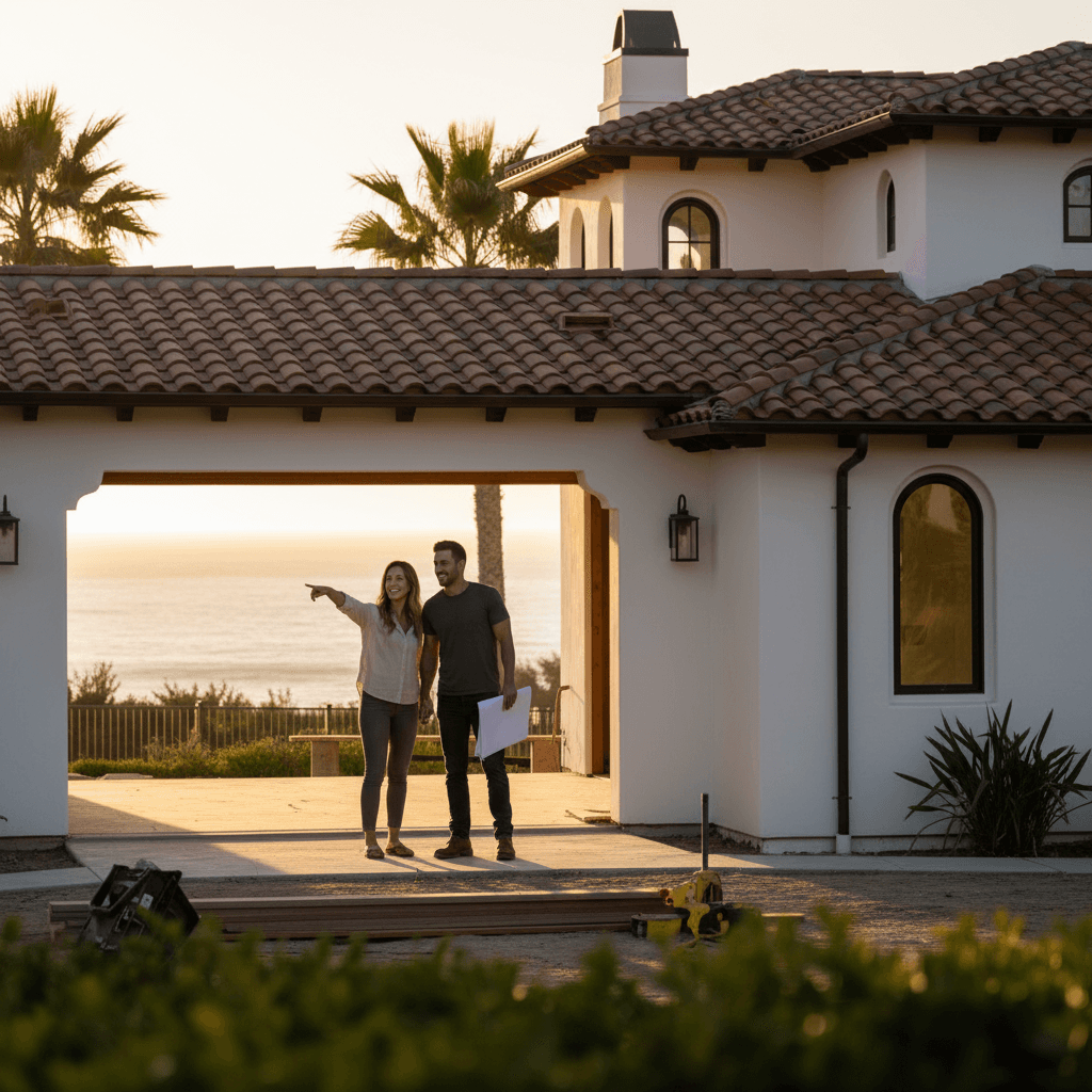 Contractor and homeowner discussing a garage conversion in Huntington Beach, showcasing ADU permit process.