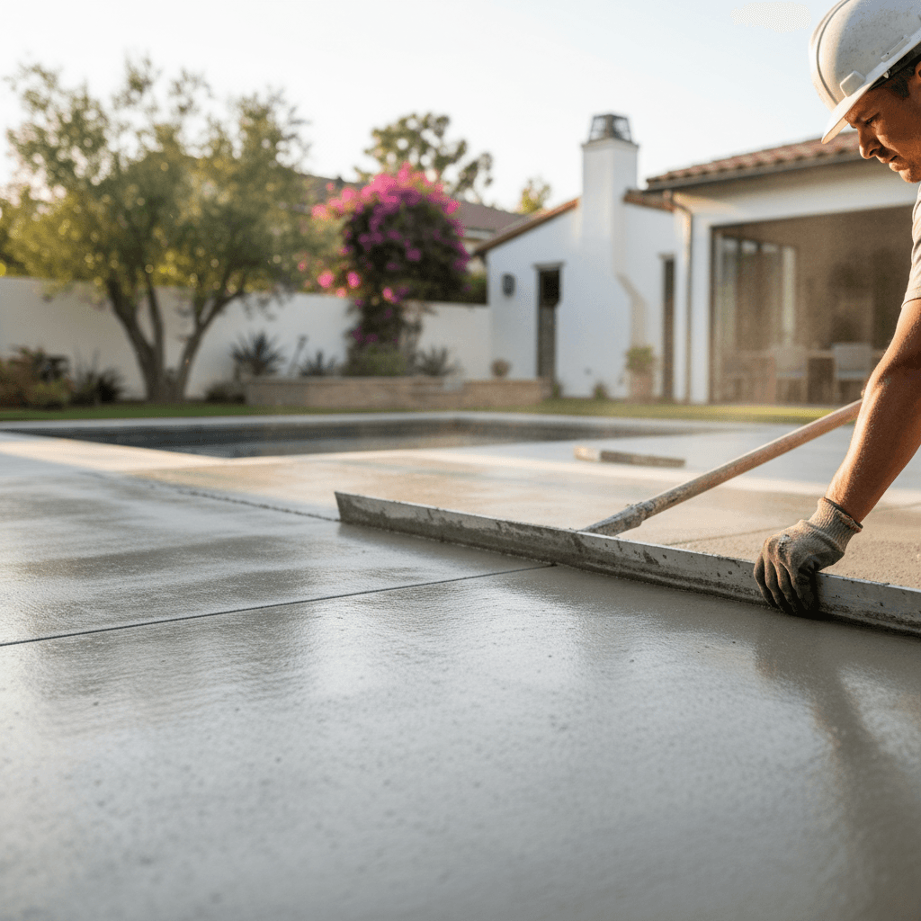 Construction worker's hands screeding a new concrete patio in Los Angeles, illustrating concrete patio cost factors.