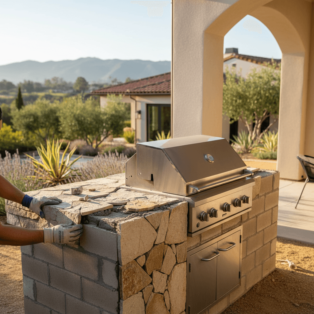 A craftsman's hands installing stone veneer on a partially built outdoor kitchen, illustrating outdoor kitchen costs in 2026.