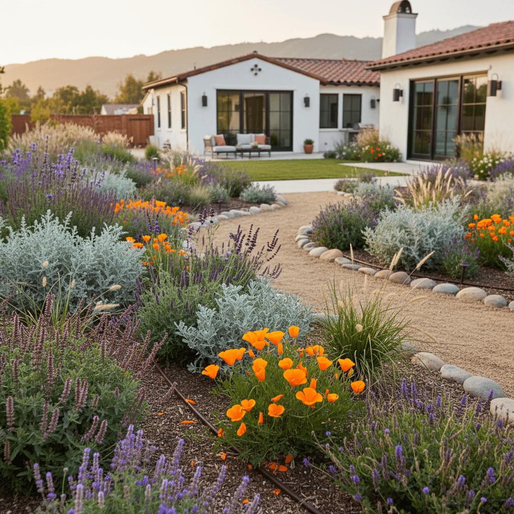 A Los Angeles backyard with native plants and smart irrigation, demonstrating drought-tolerant landscaping design for Southern California homes.