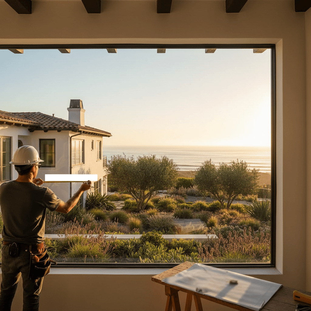 Contractor measuring a new energy-efficient window in a Manhattan Beach home, enhancing value and outdoor living.