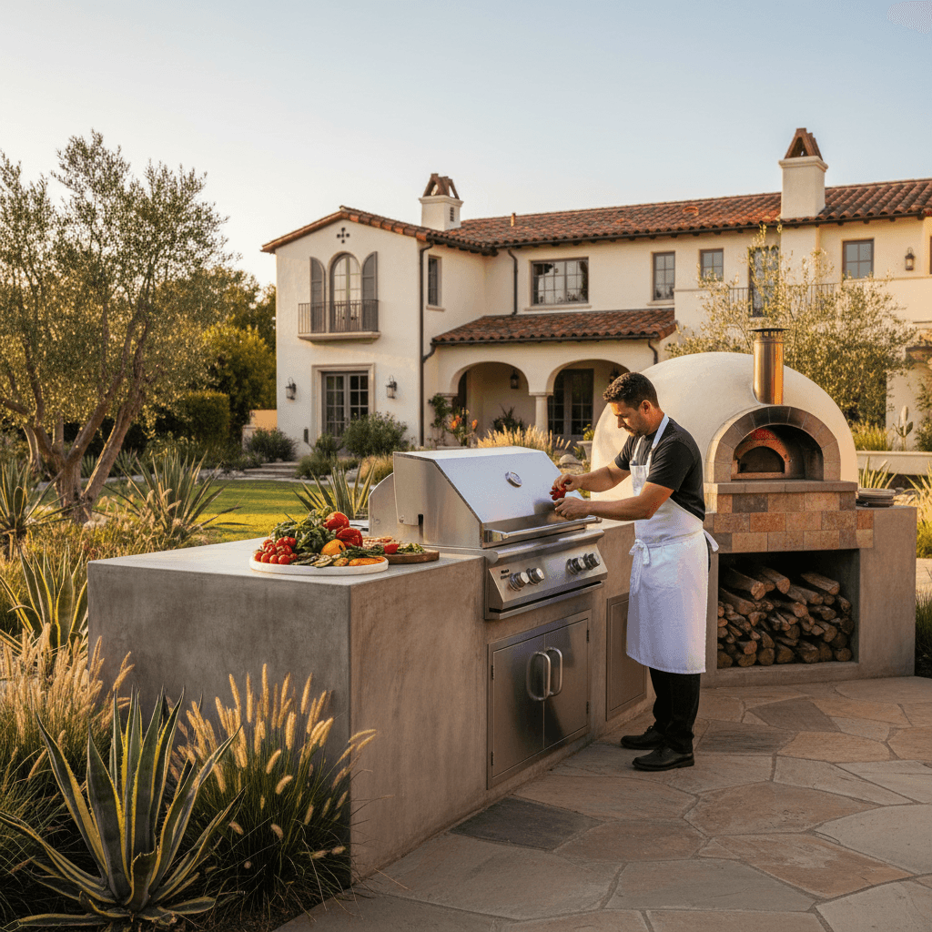 Modern outdoor kitchen in Los Angeles with a built-in grill and pizza oven, showcasing outdoor kitchen ideas and costs in LA.