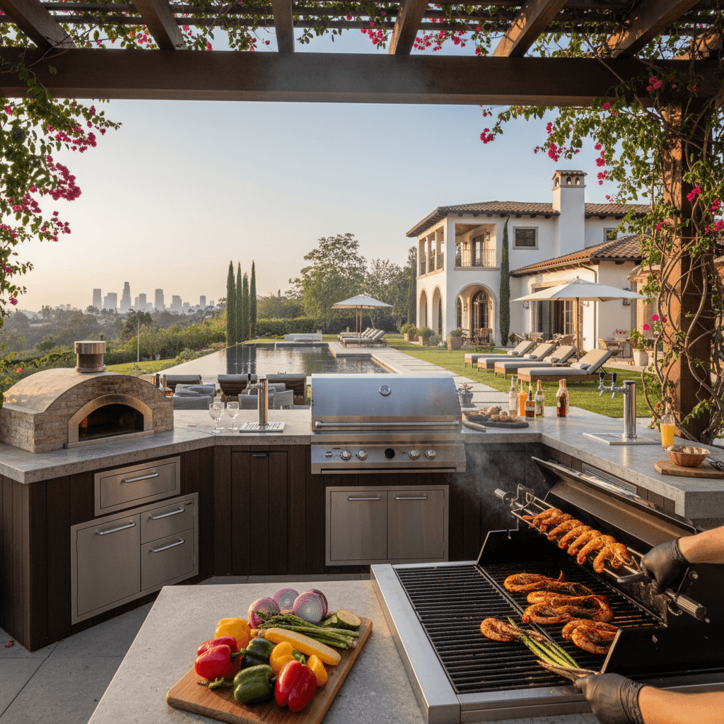 Luxurious outdoor kitchen in Los Angeles with a chef's hands grilling, embodying the ultimate backyard cooking experience.