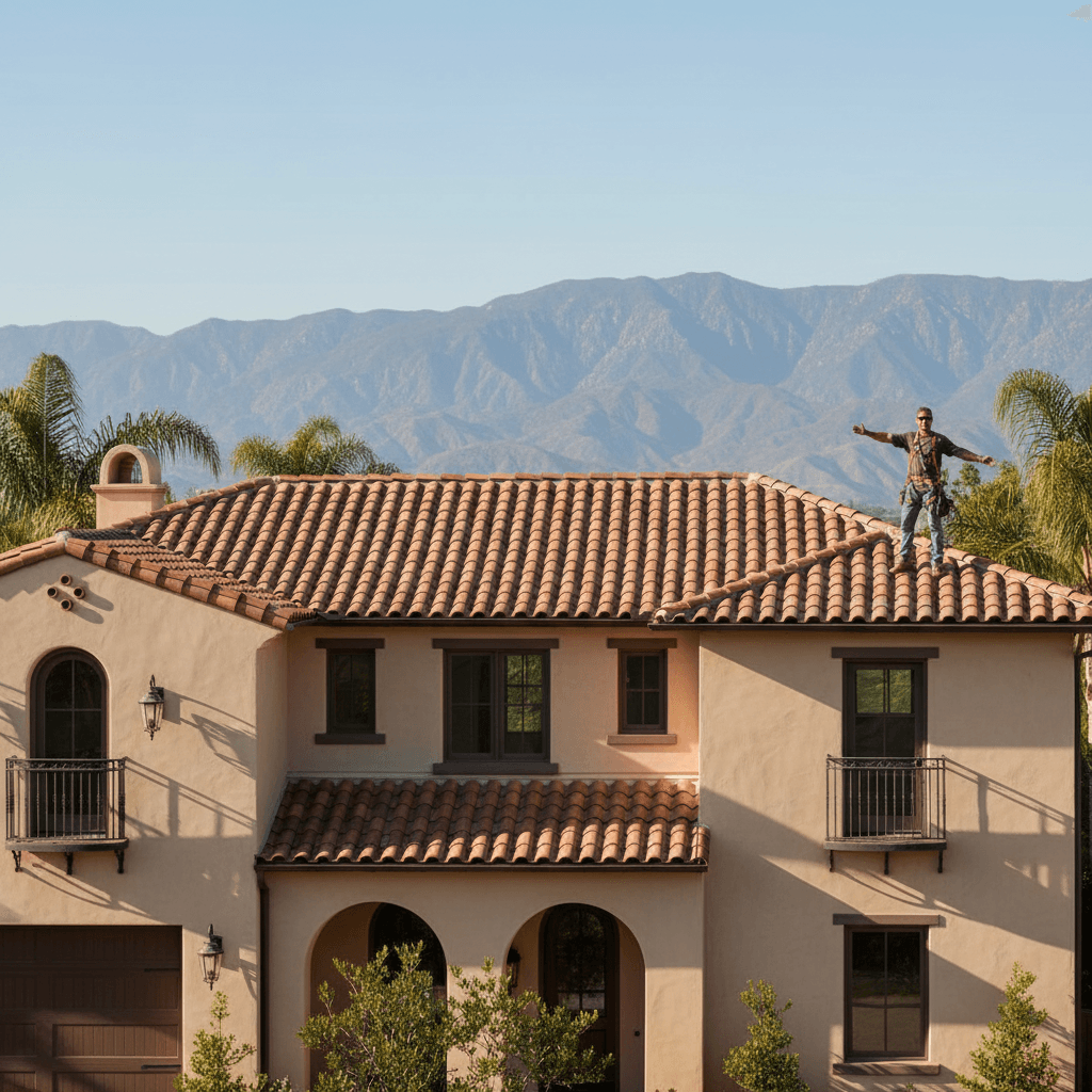 Burbank home with new durable terracotta tile roof under warm California sun, showcasing modern Mediterranean architecture.