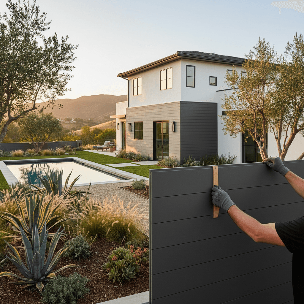 Craftsman installing fiber cement siding on a modern Los Angeles home, highlighting durable siding options for Southern California living.