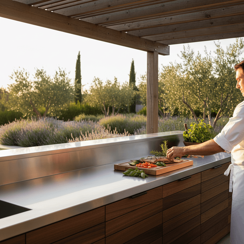 Wide shot of a modern outdoor kitchen with stainless steel appliances and wood cabinets, perfect for Southern California outdoor living. Focus on hands preparing food, emphasizing