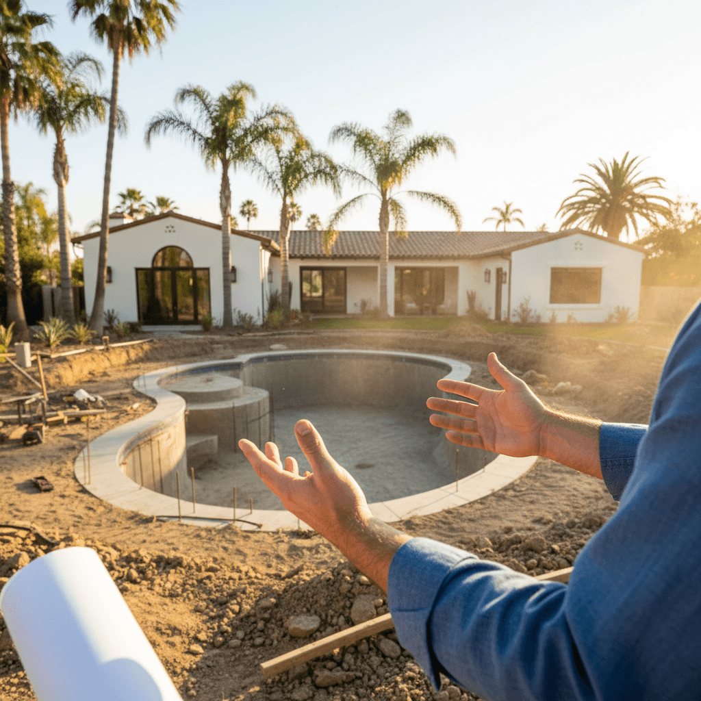 Landscape architect discussing saltwater swimming pool cost near California with client, showing excavated foundation.