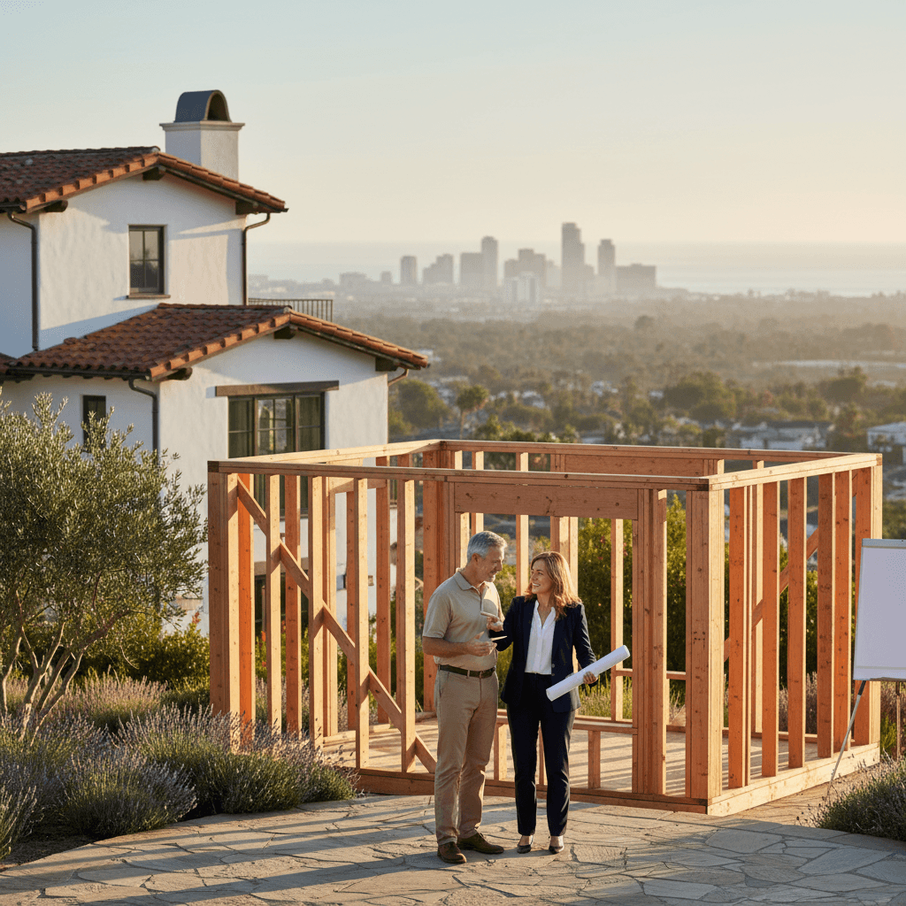 Homeowner and architect discussing a room addition permit for a Long Beach home, bathed in warm California light.