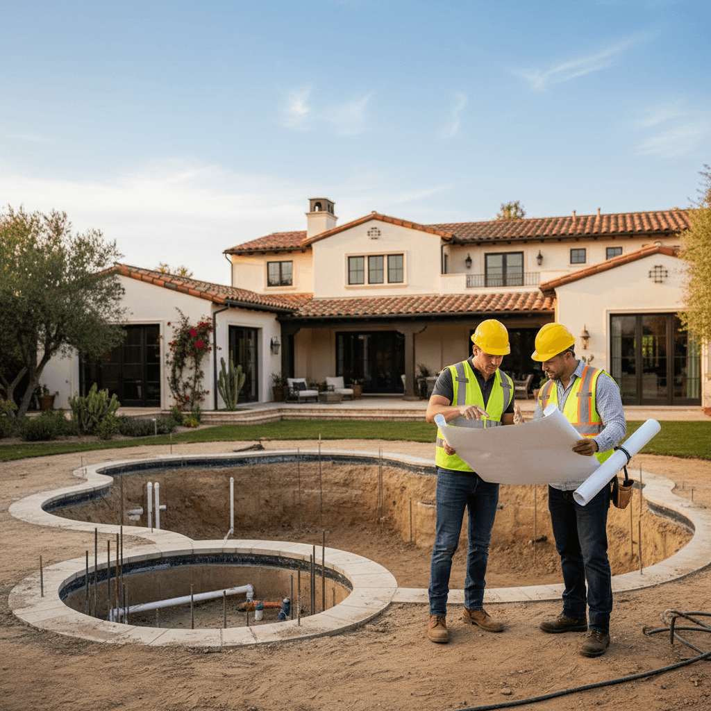 Construction workers discussing plans for an inground pool build in a modern Los Angeles backyard, illustrating the true cost to build a pool.