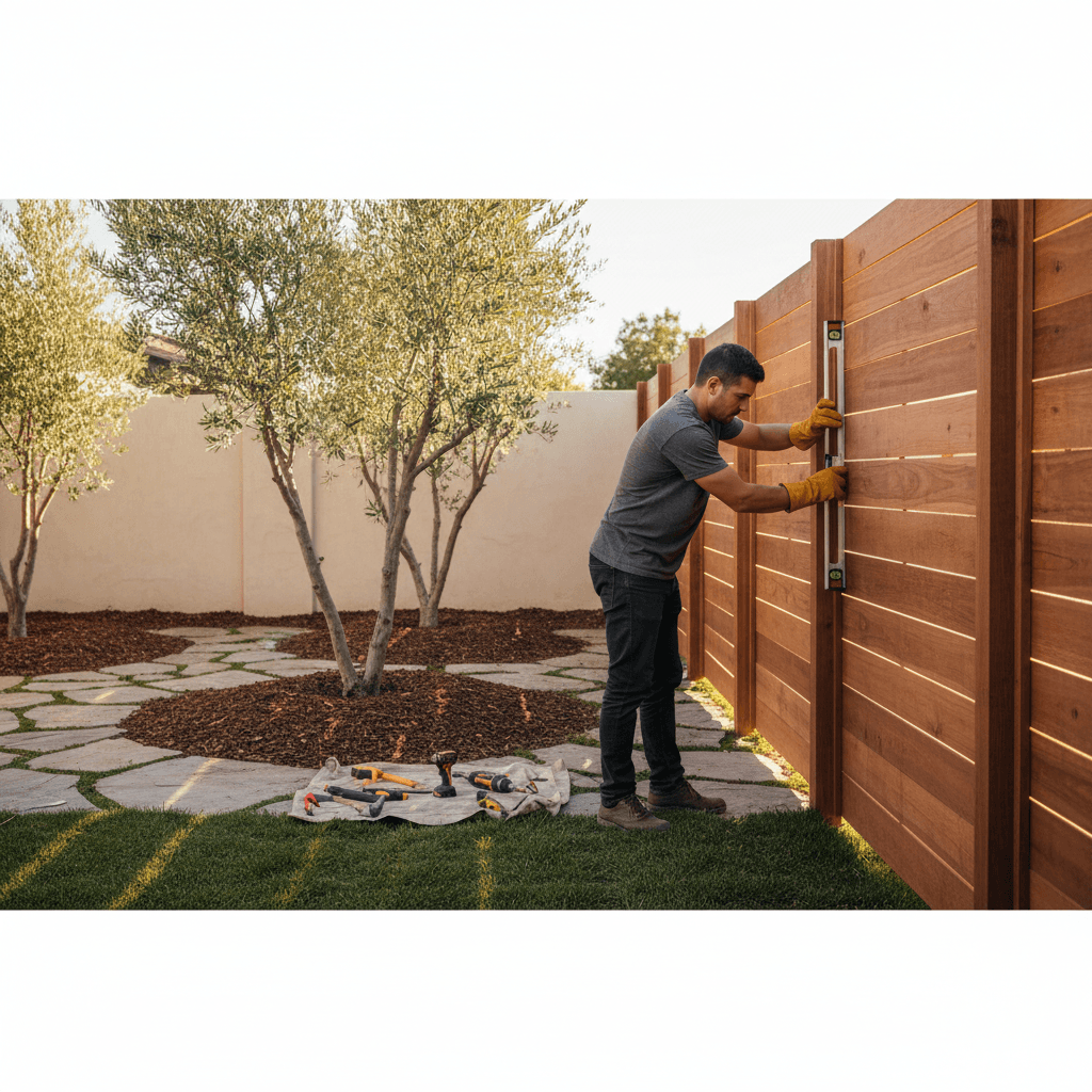 Craftsman installing redwood fence panel in a Southern California backyard, illustrating fence installation cost guide.