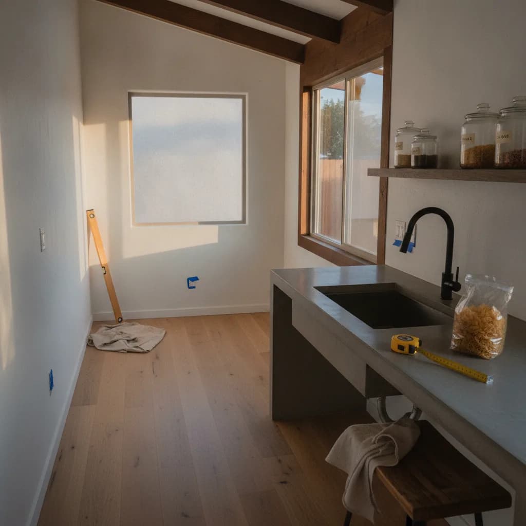 A modern, two-story ADU with large windows and wood siding, situated in the lush backyard of a San Diego home at dusk.