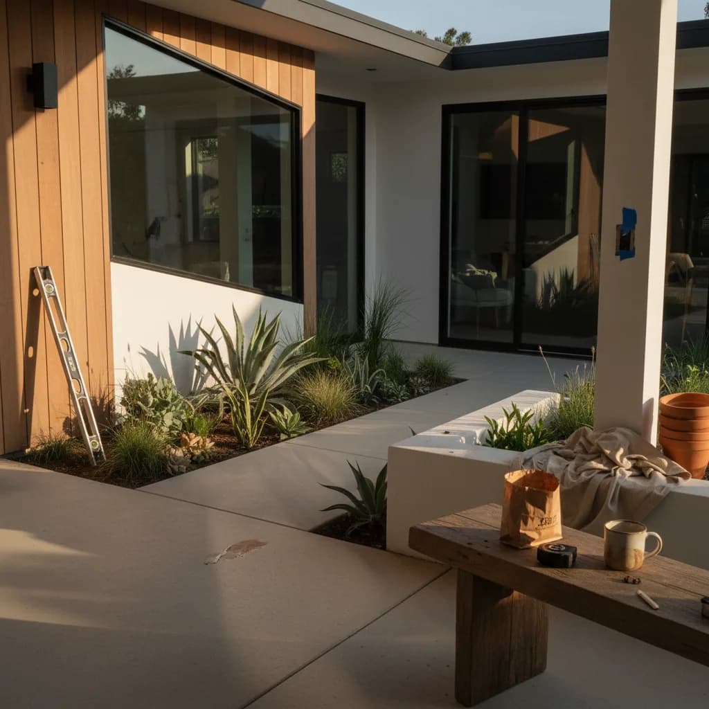 A modern Santa Monica backyard at dusk featuring a small plunge pool, an outdoor kitchen with a built-in grill, and drought-tolerant landscaping under ambient light.