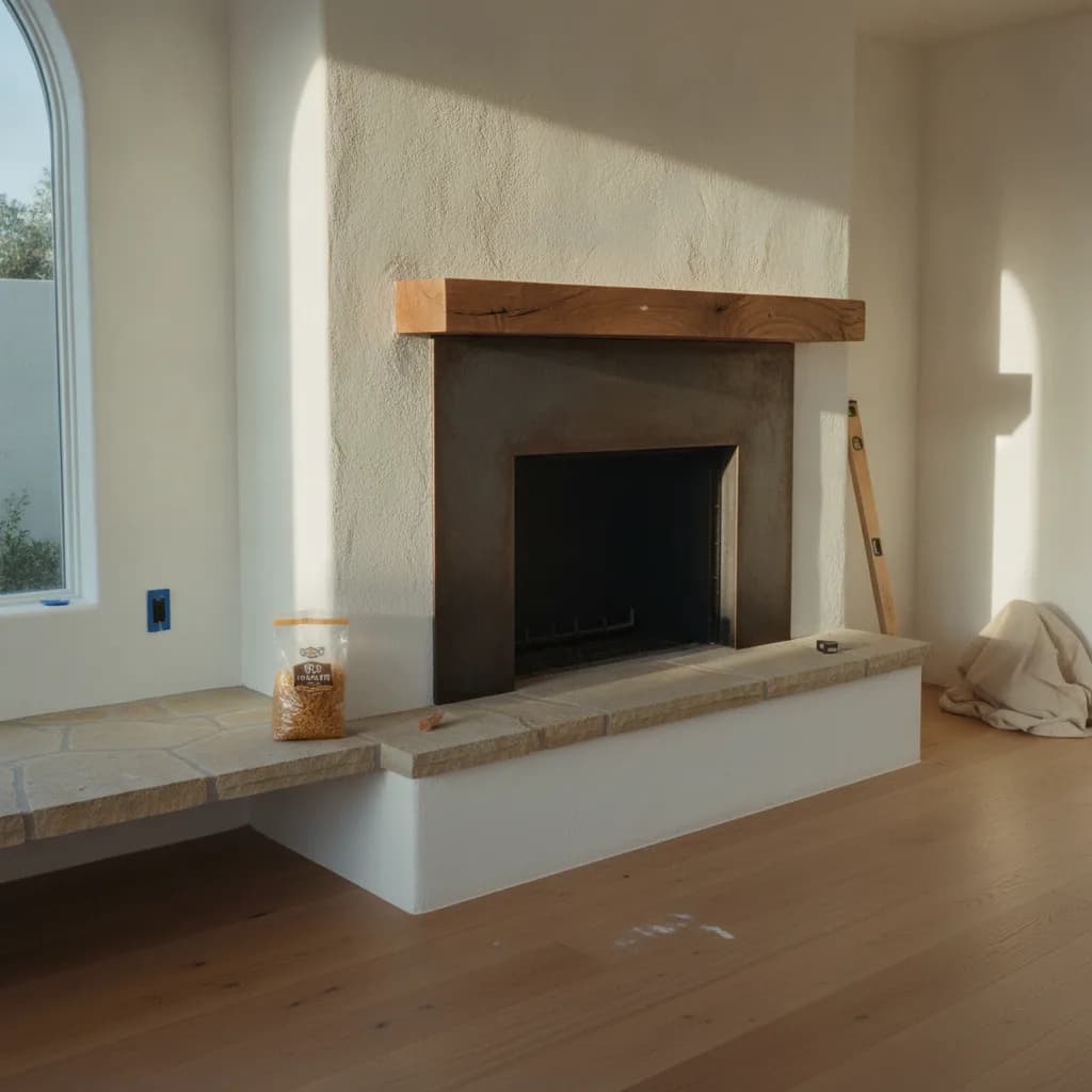 A modern outdoor fireplace with a linear gas flame, set into a board-formed concrete wall in a Malibu home at dusk, with the Pacific Ocean in the background.