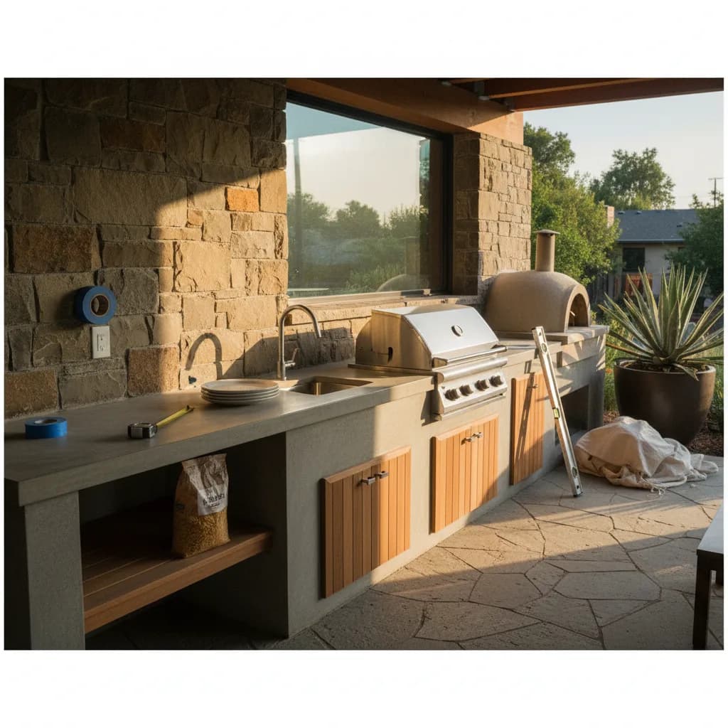 A modern, fully equipped outdoor kitchen in a Sacramento home at dusk, featuring an integrated grill, sleek cabinetry, and ambient lighting under a large pergola.