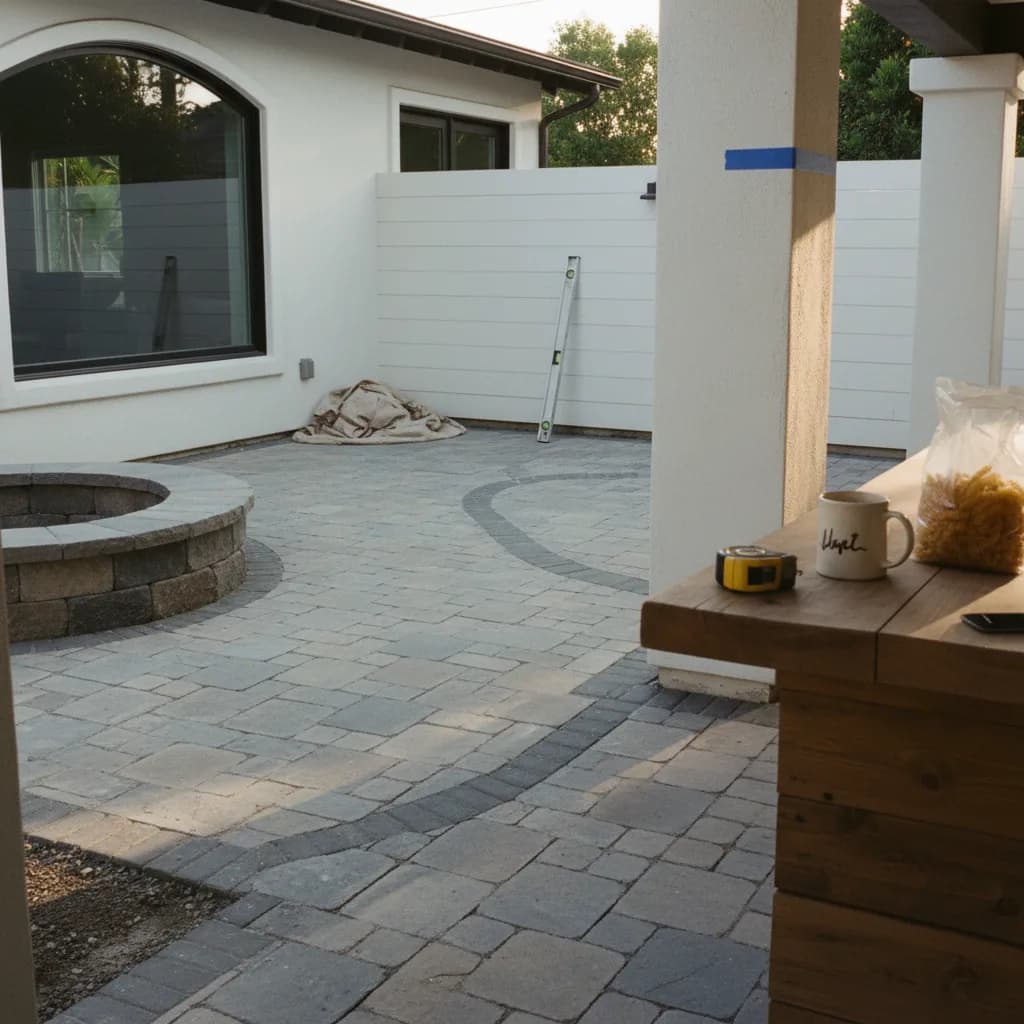 A modern paver patio in a Newport Beach home at dusk, featuring large-format porcelain pavers, integrated lighting, and a linear fire pit.